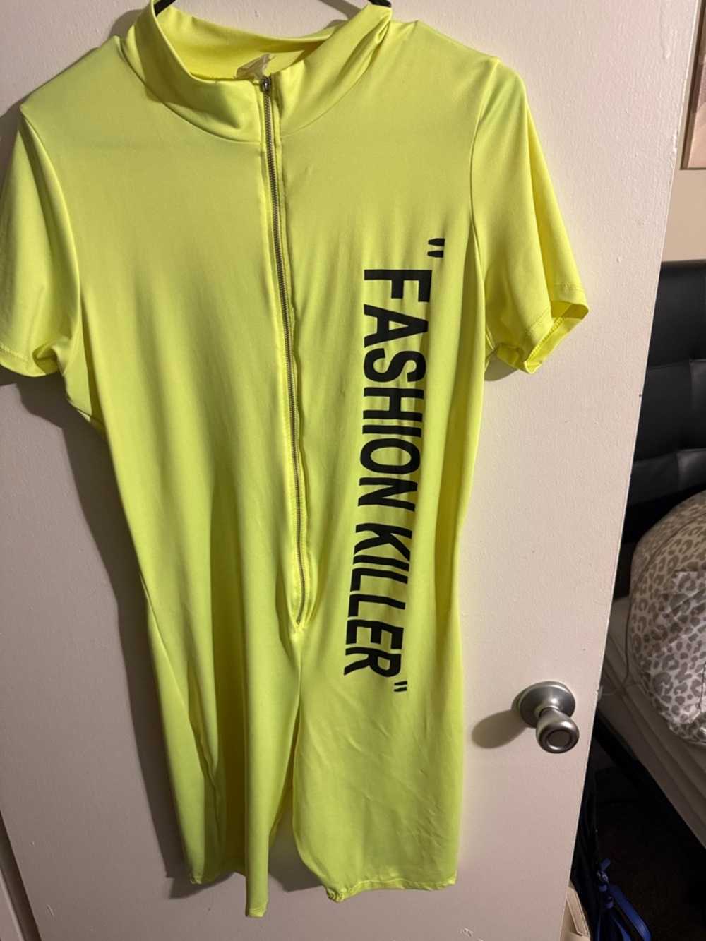 Neon Yellow 'FASHION KILLER' Zip Front Romper